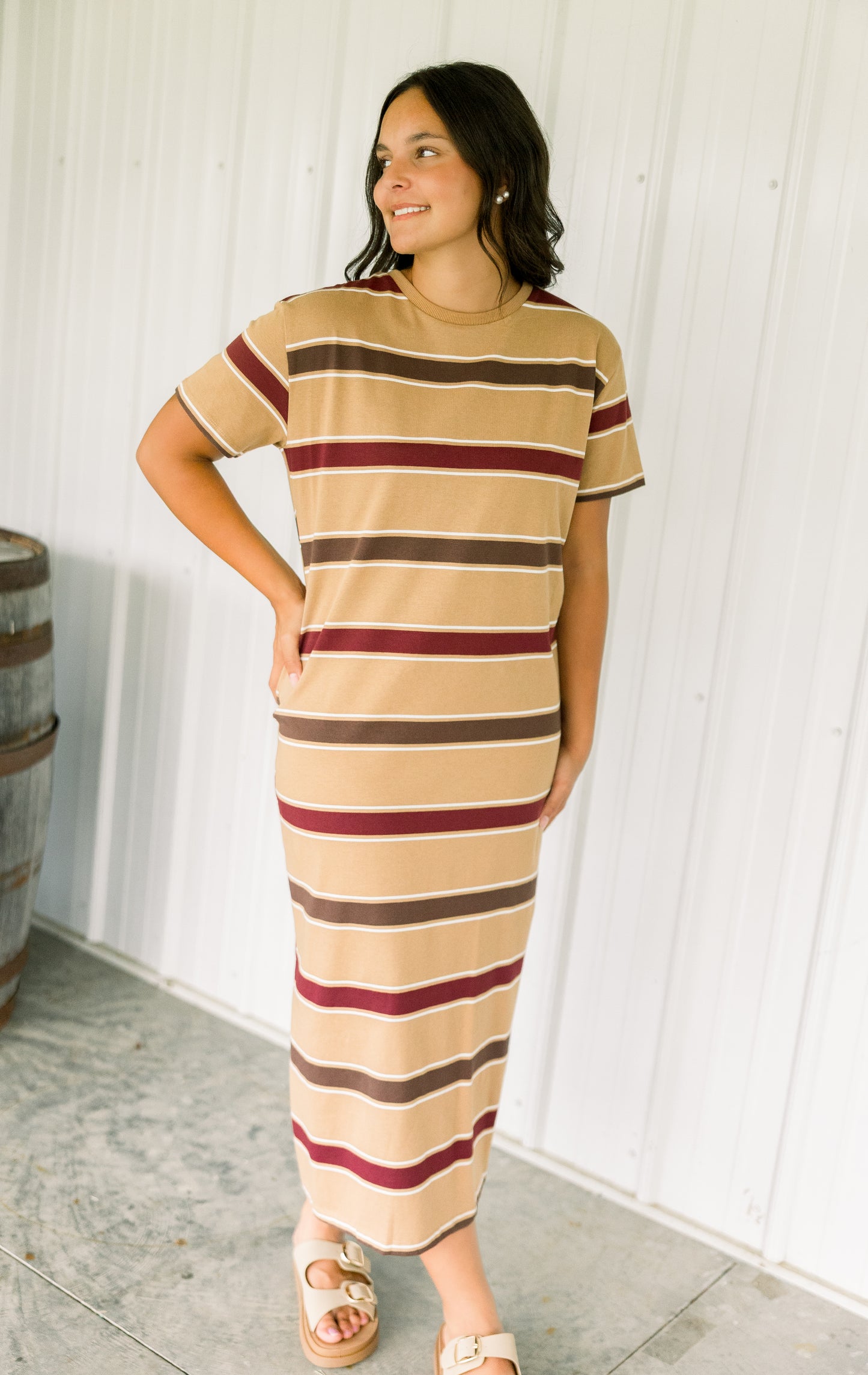 Camel Striped Midi Dress
