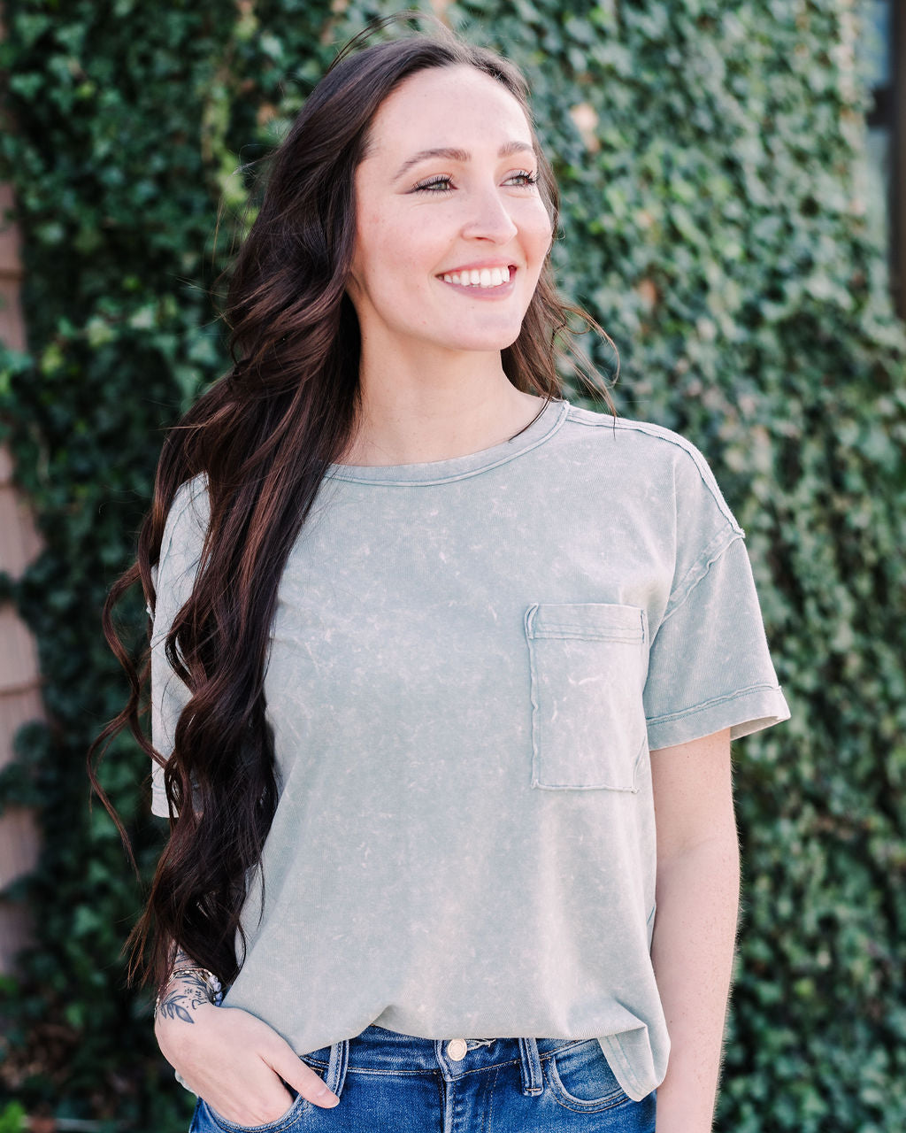 Vintage Washed Pocket Tee- Light Sage