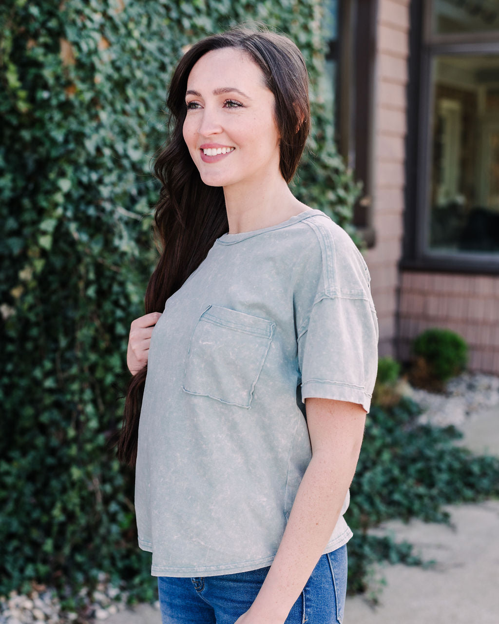 Vintage Washed Pocket Tee- Light Sage