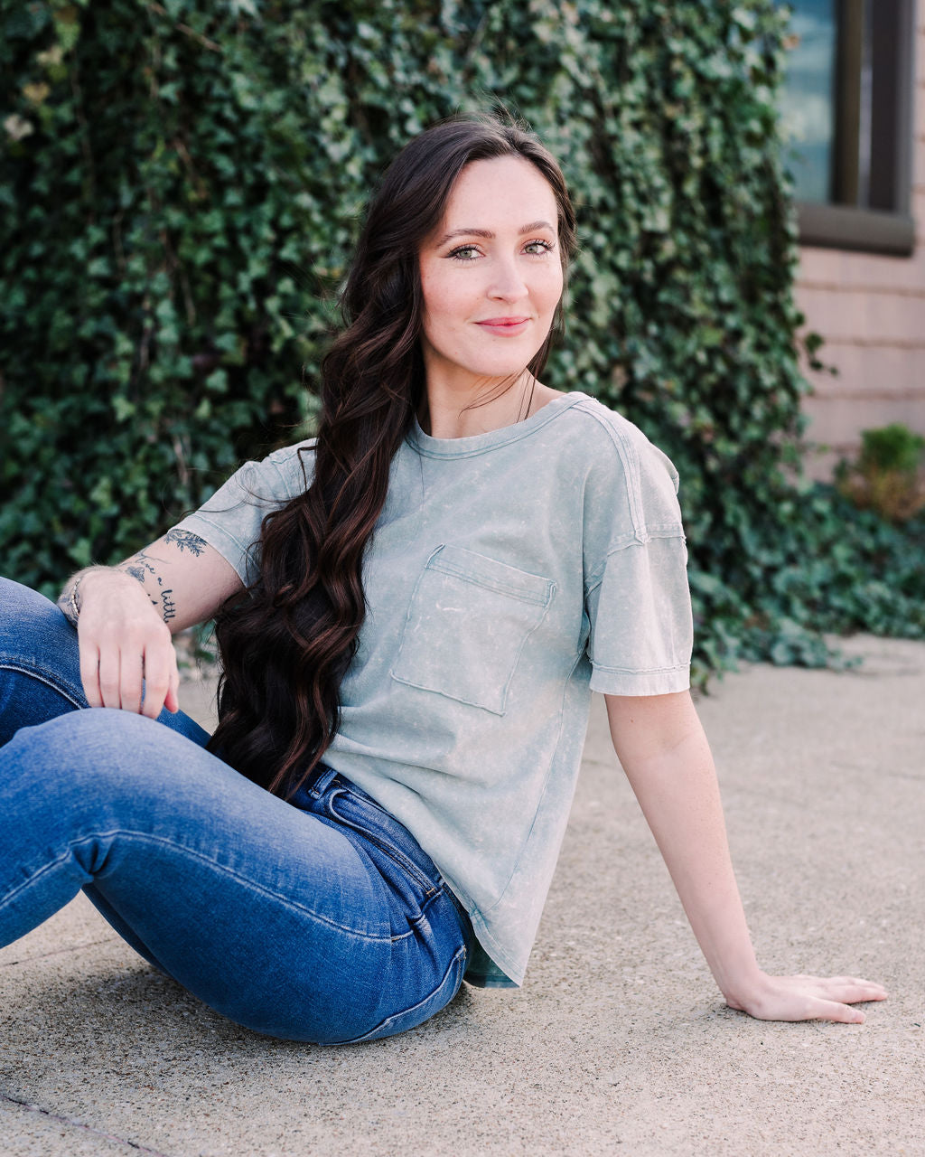 Vintage Washed Pocket Tee- Light Sage