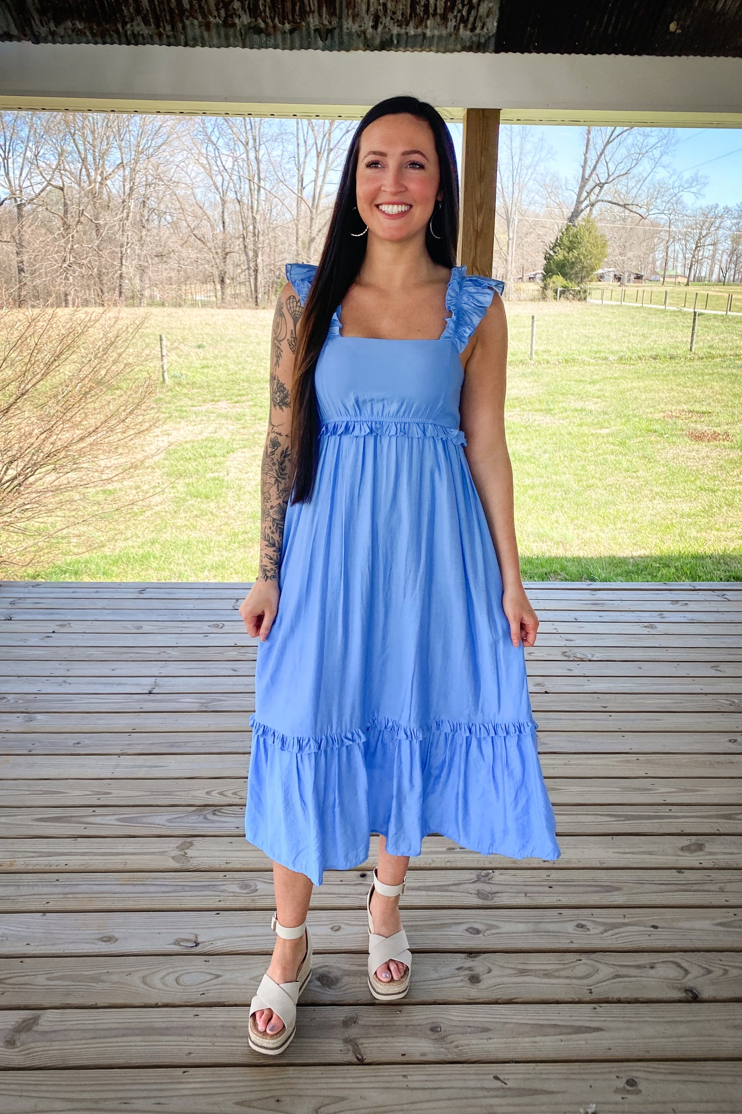 Blue Ruffle Midi Dress