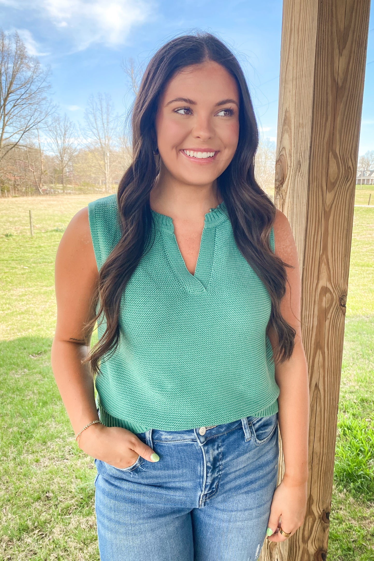 Green V-Neck Sweater Tee
