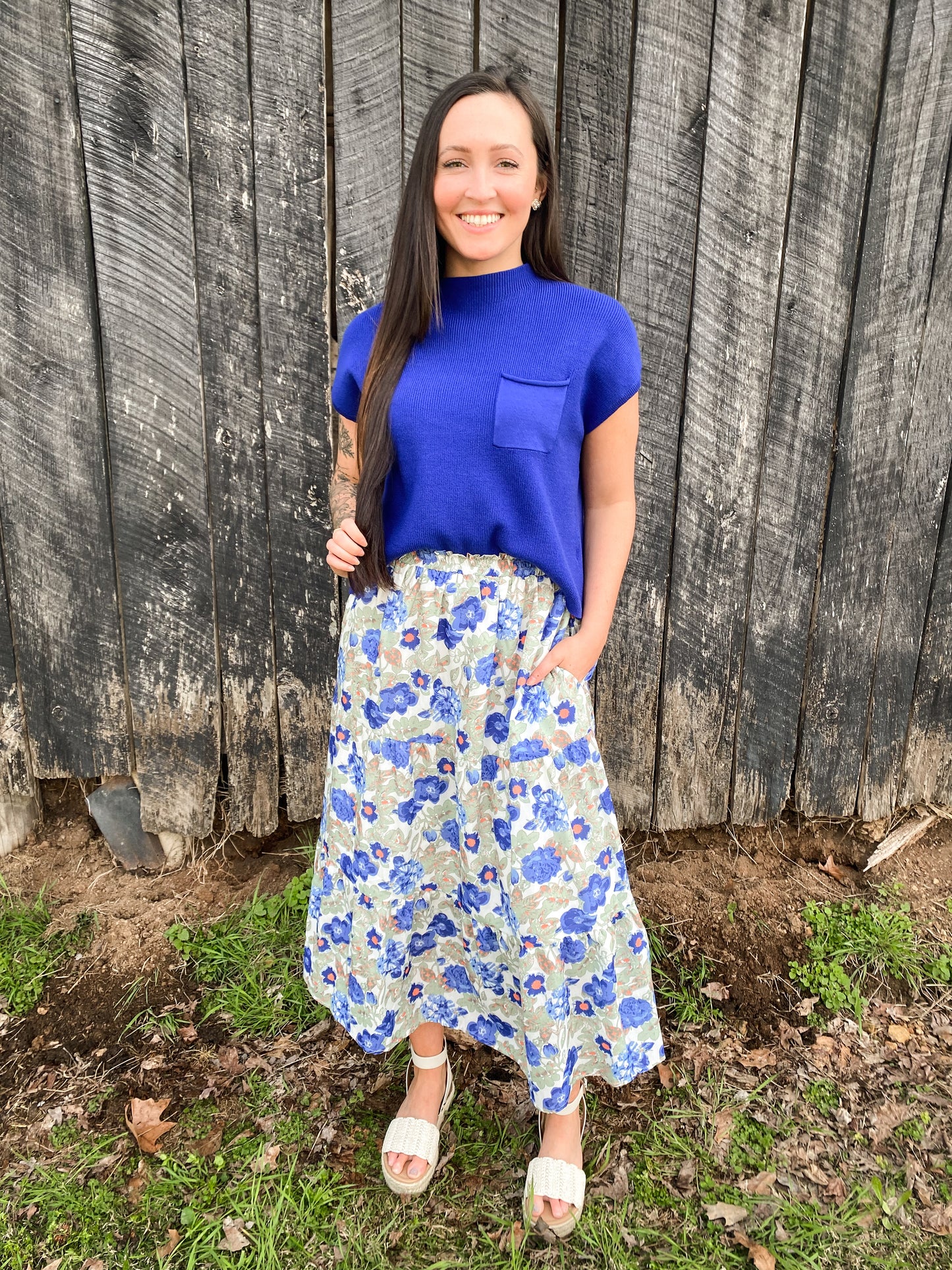 Ivory/Blue Floral Midi Skirt