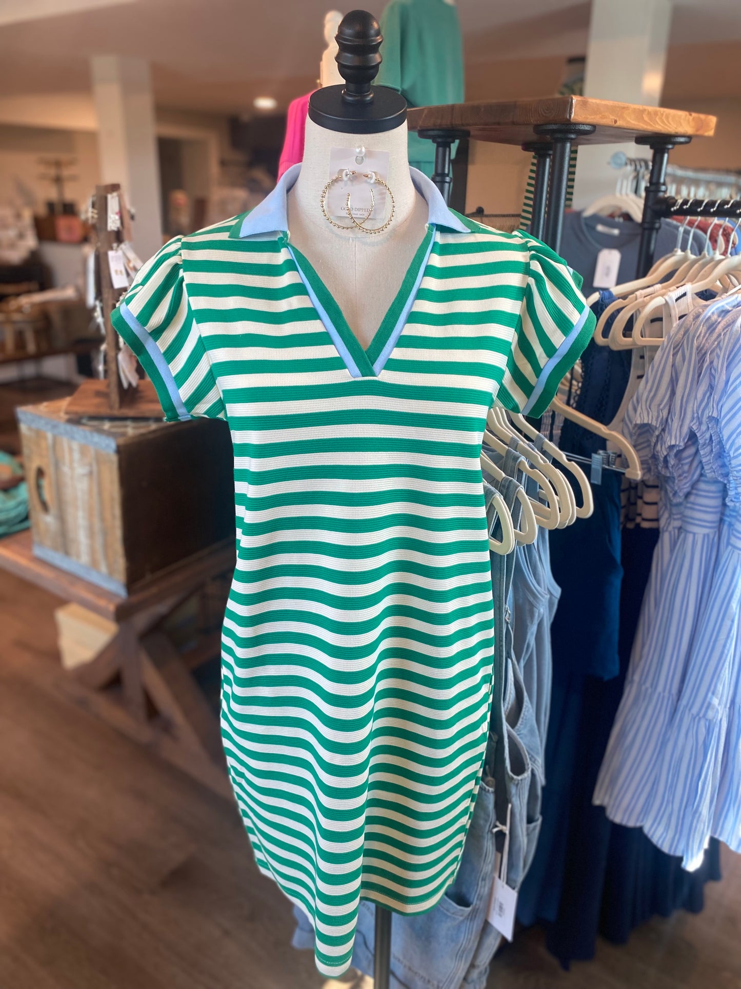 V-Neck Green Stripe Dress