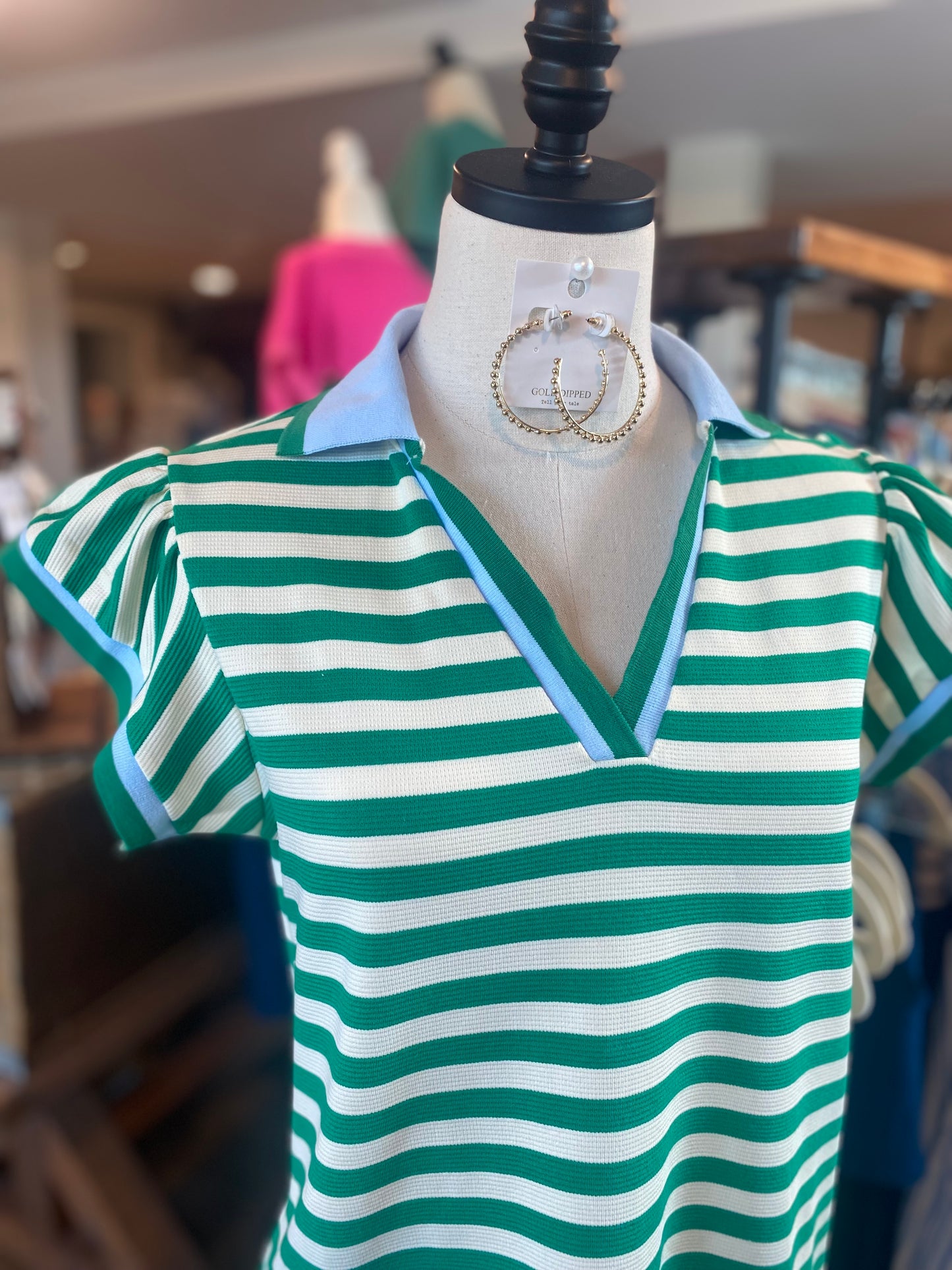 V-Neck Green Stripe Dress