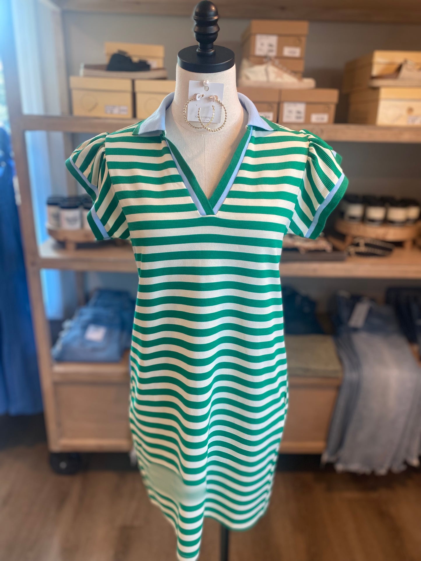 V-Neck Green Stripe Dress