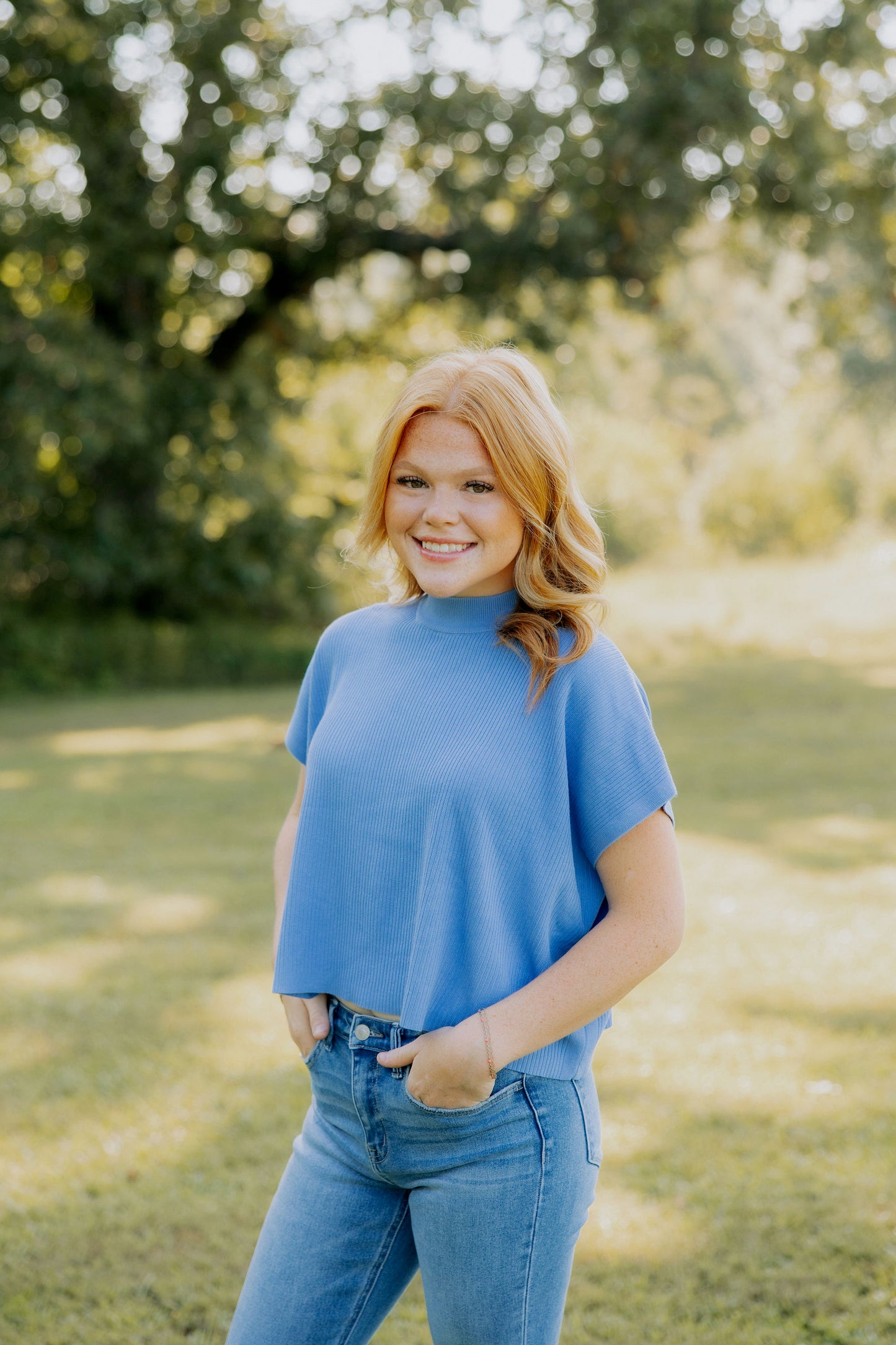 Blue Ribbed Mock Neck Top