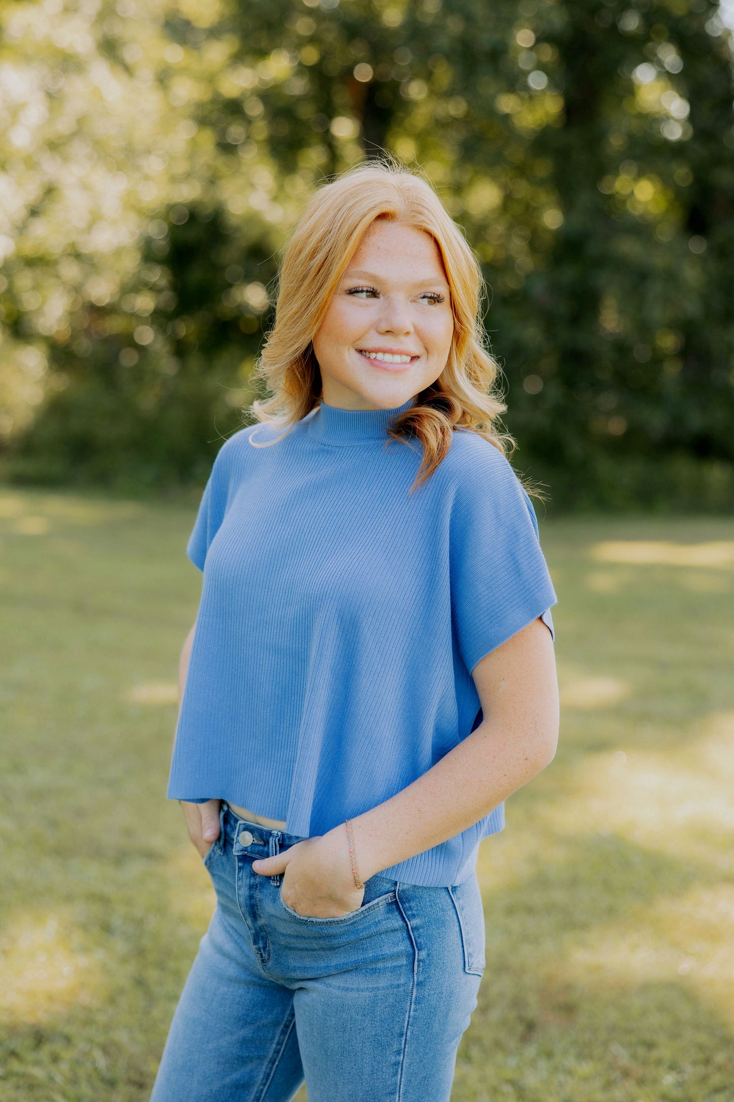 Blue Ribbed Mock Neck Top