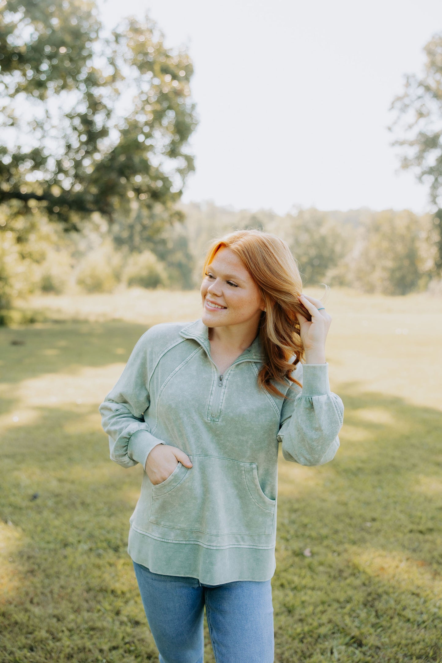 Olive Washed Half Zip Pullover