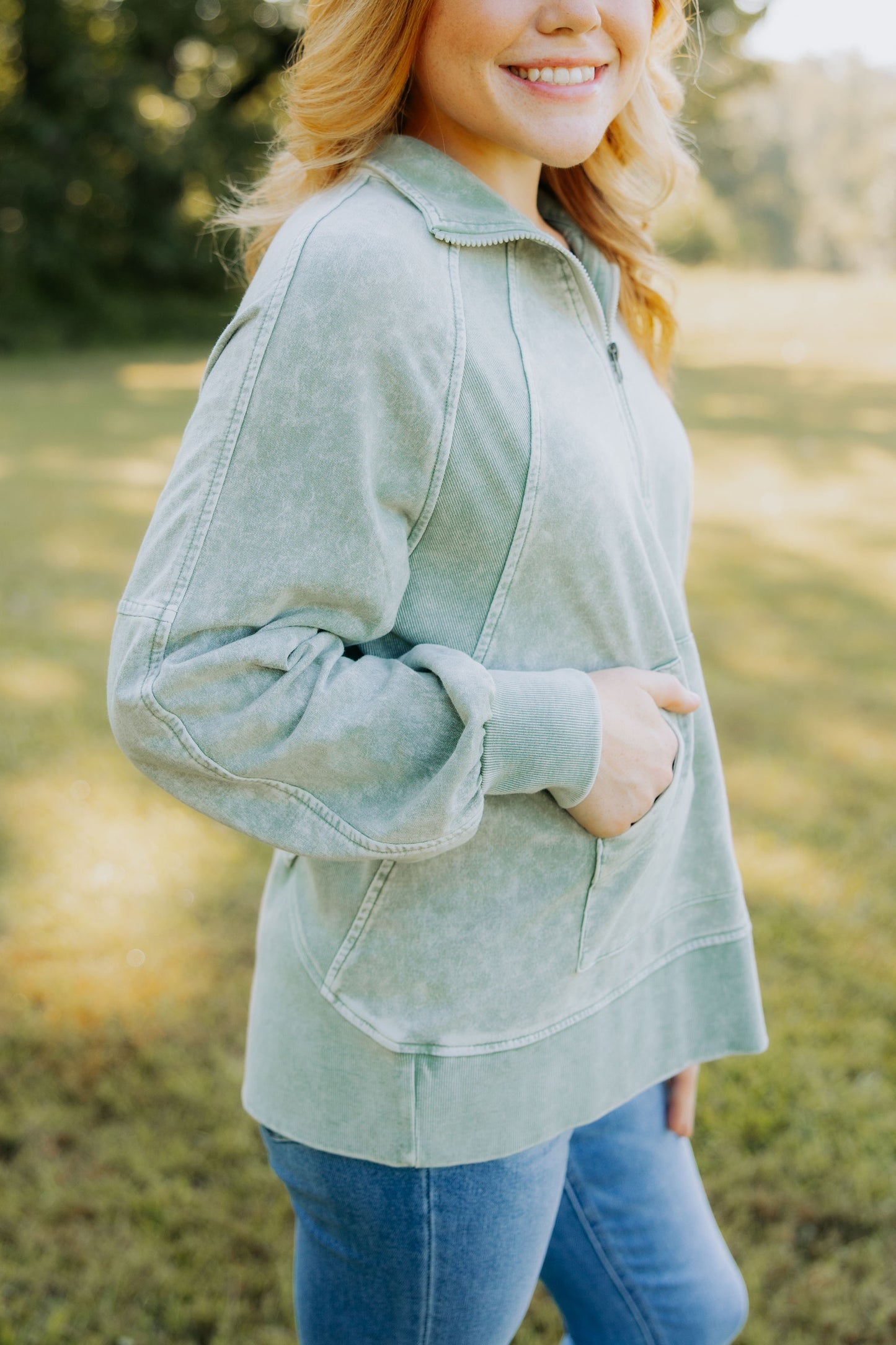 Olive Washed Half Zip Pullover