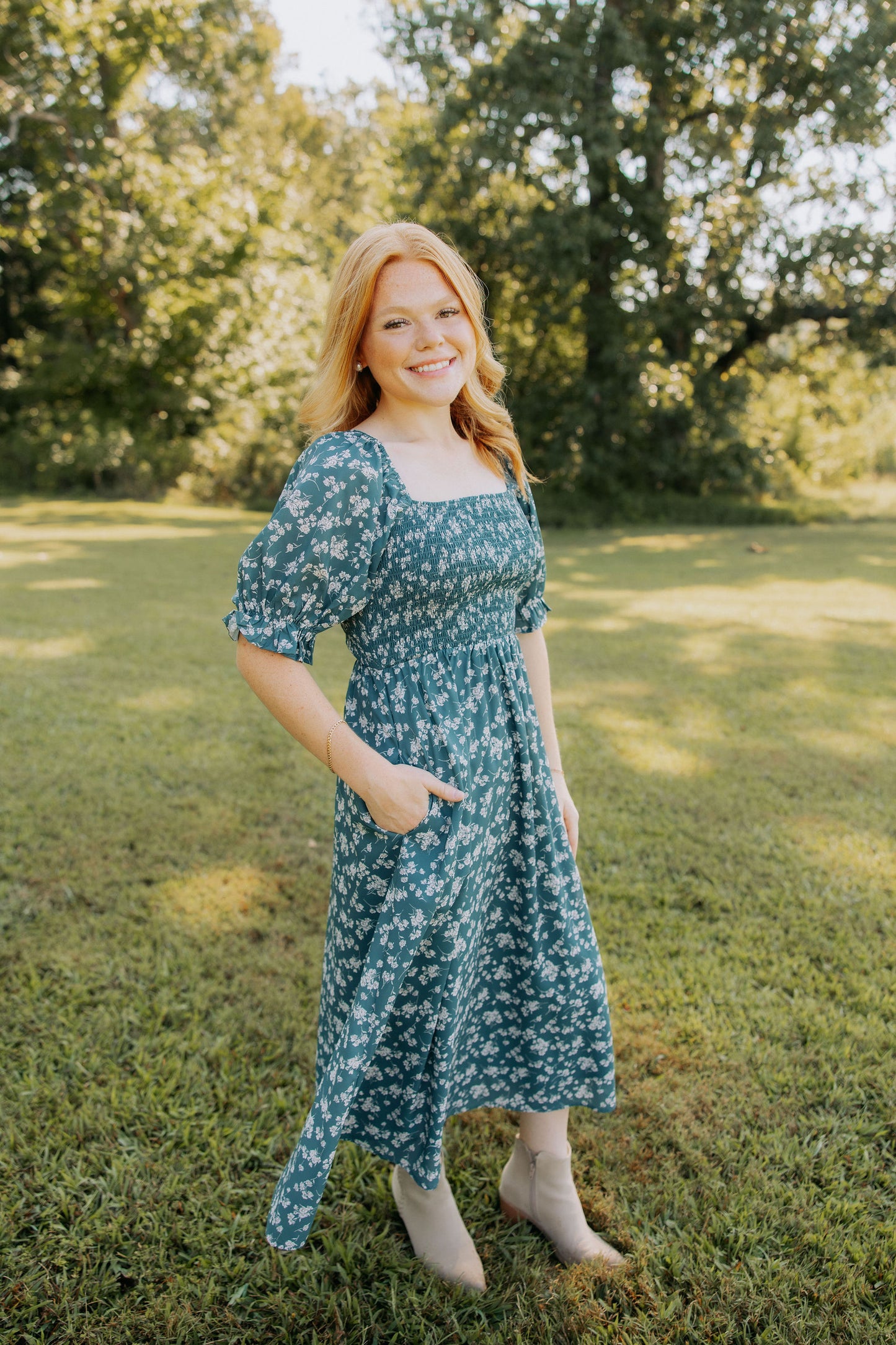 Dark Green Floral Midi dress