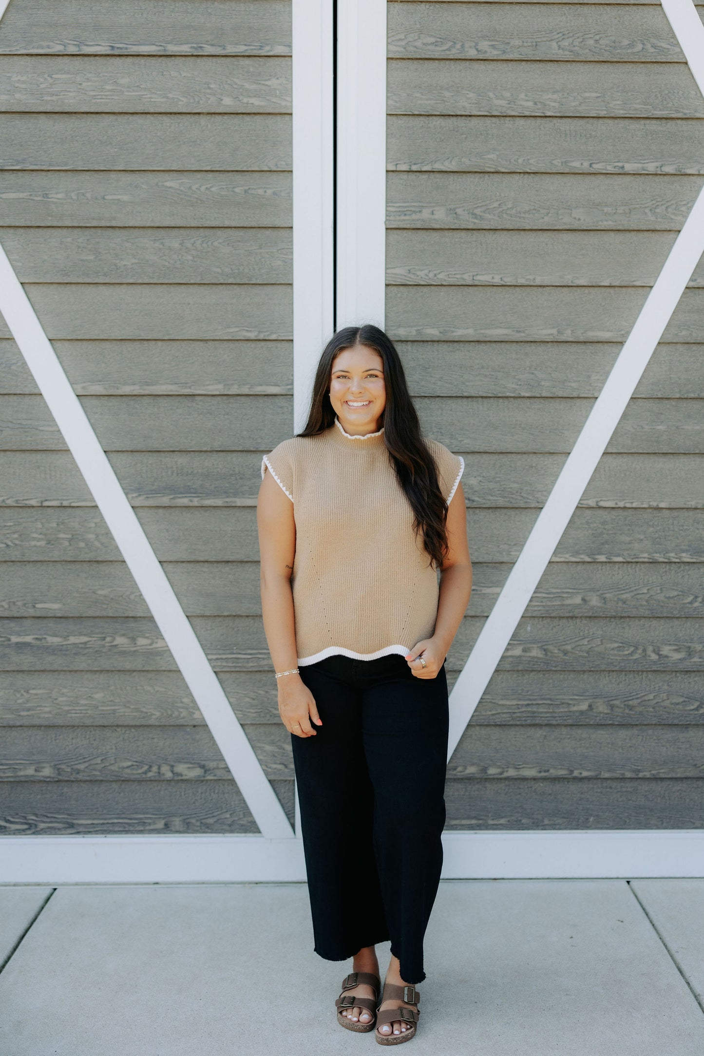Taupe Scallop Trim Sweater Top