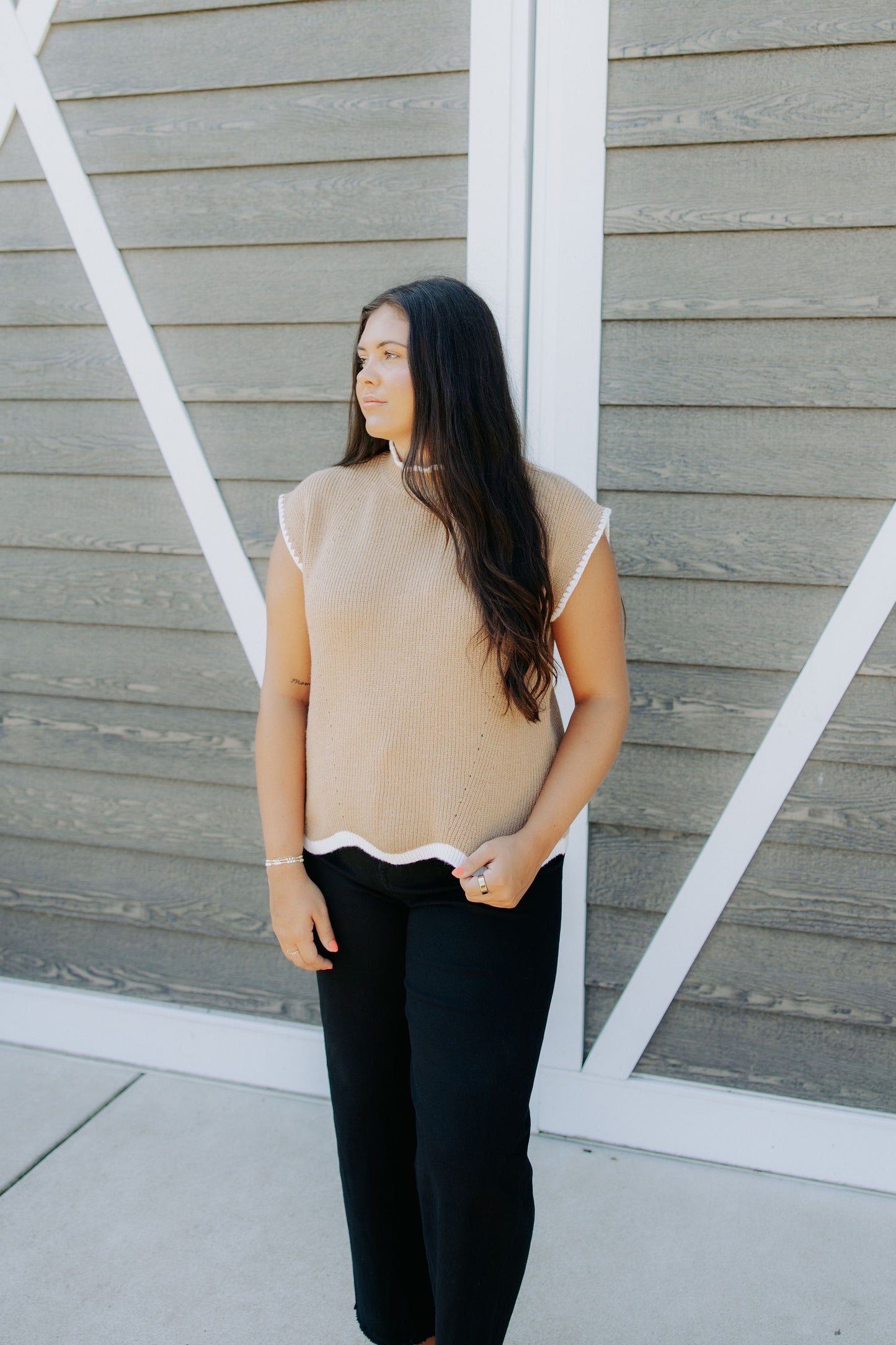 Taupe Scallop Trim Sweater Top
