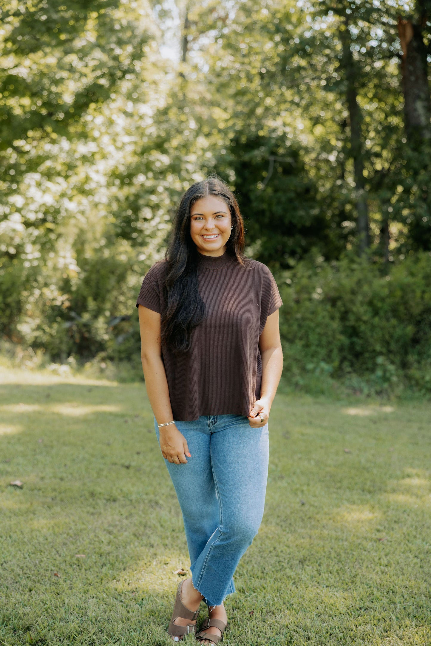 Brown Ribbed Mock Neck Top