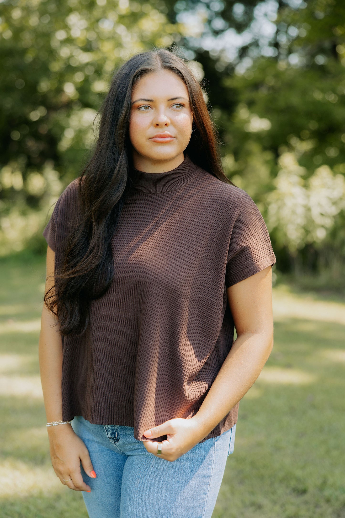 Brown Ribbed Mock Neck Top