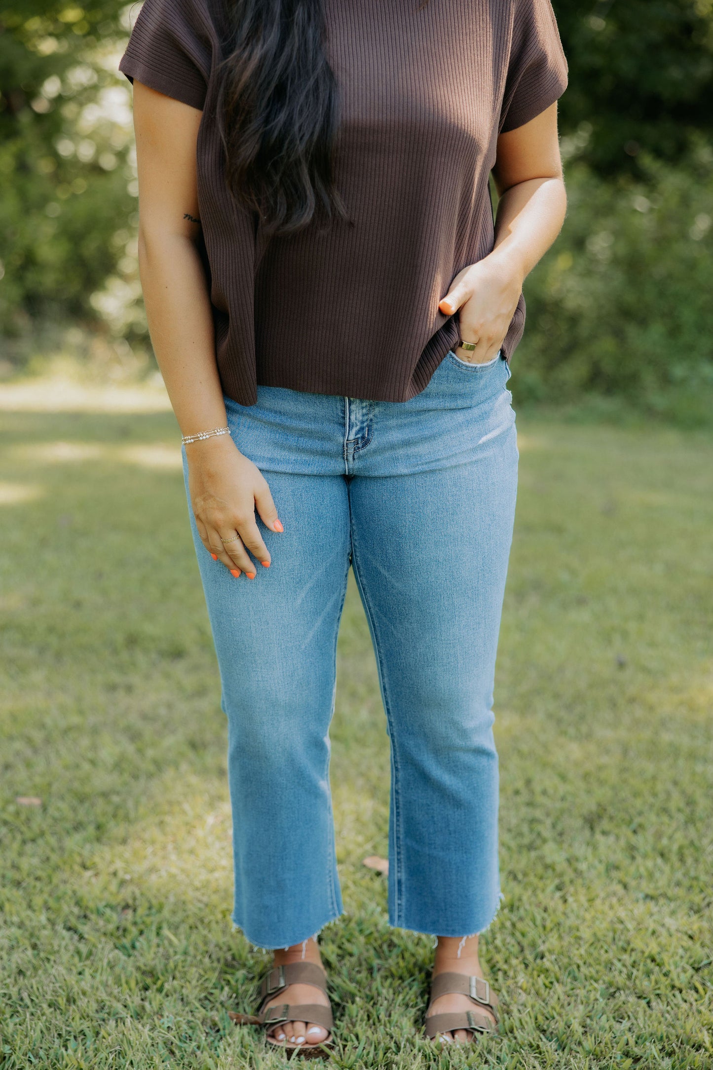 Brown Ribbed Mock Neck Top