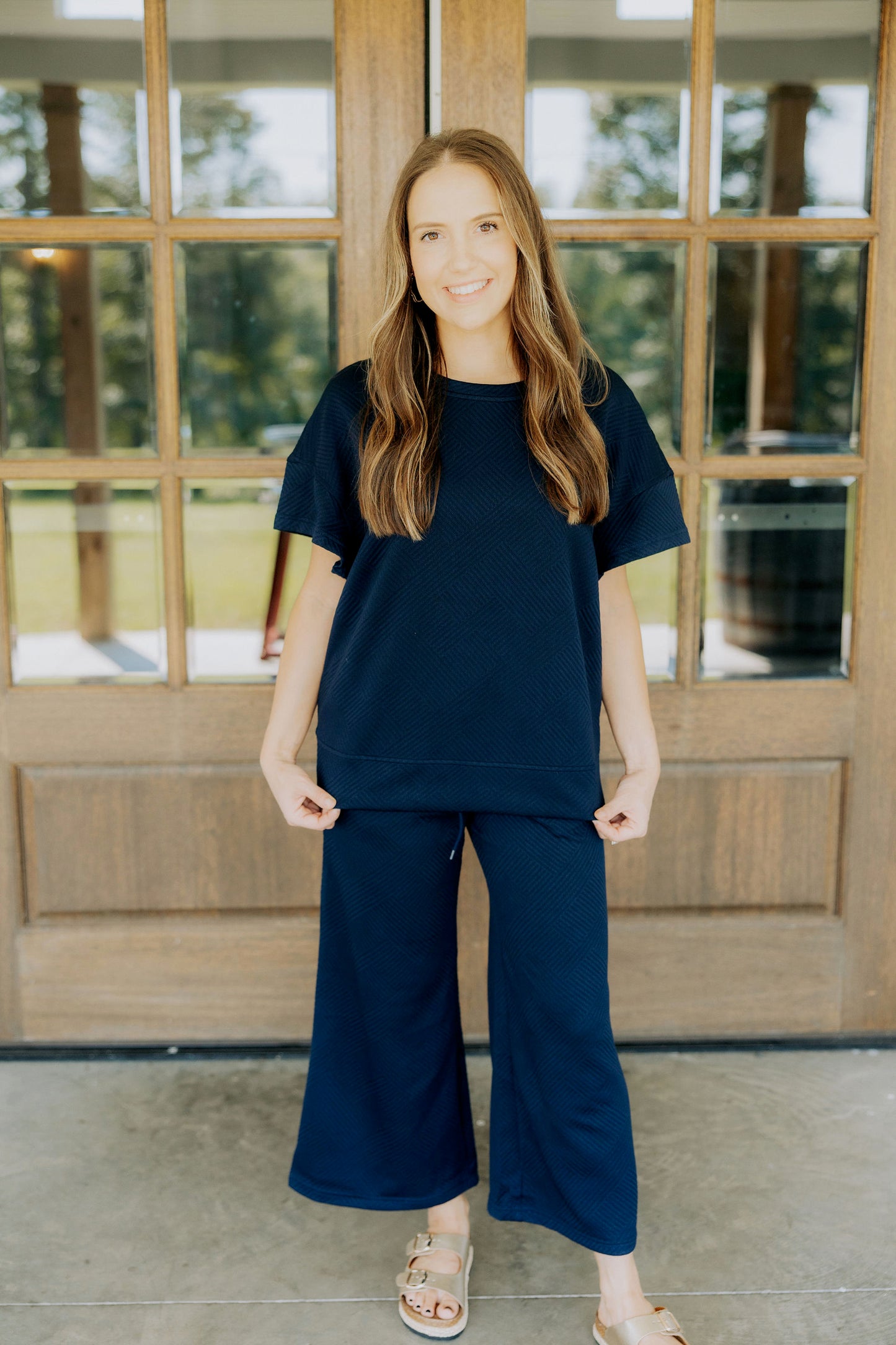 Navy Textured Pants Set