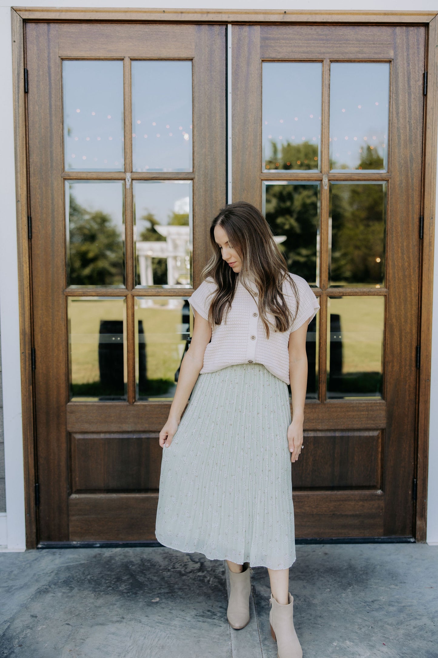 Sage Floral Pleated Skirt