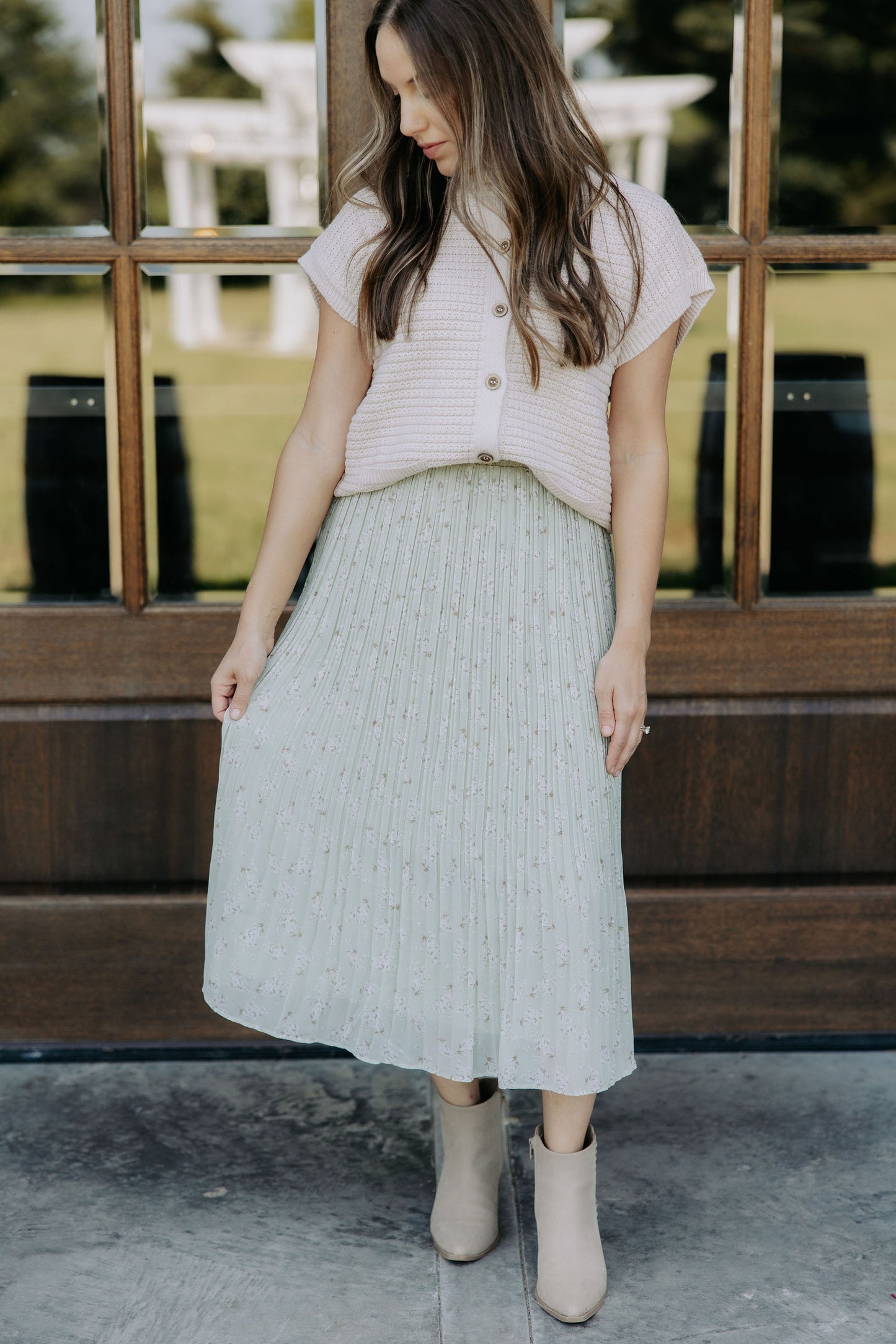 Sage Floral Pleated Skirt