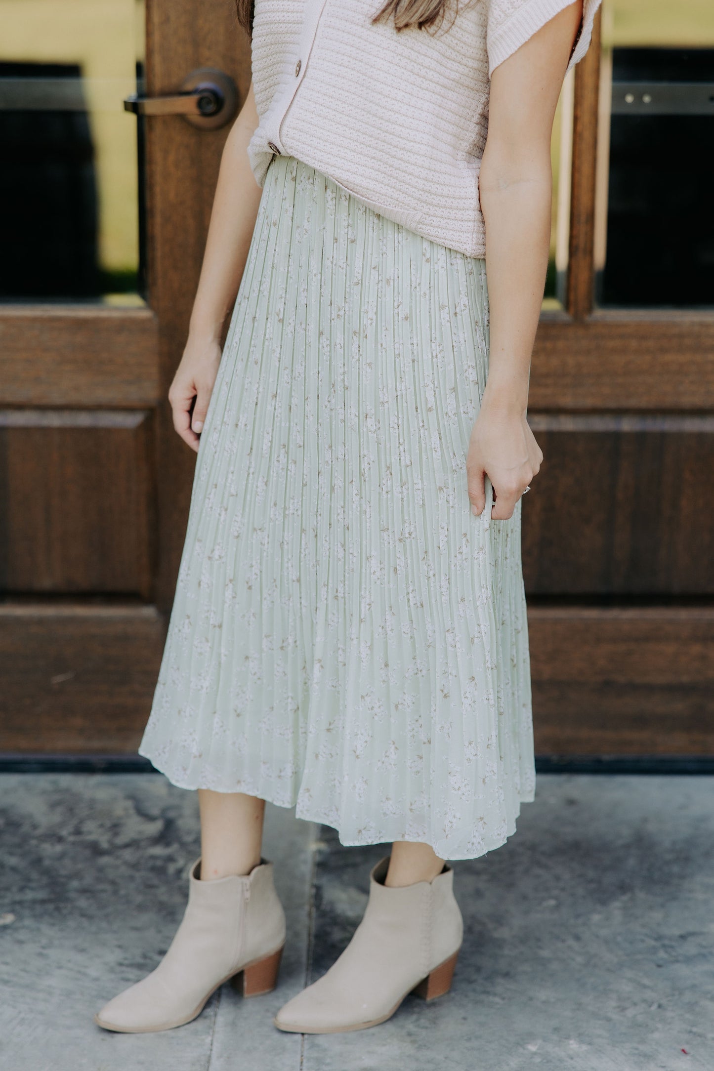 Sage Floral Pleated Skirt