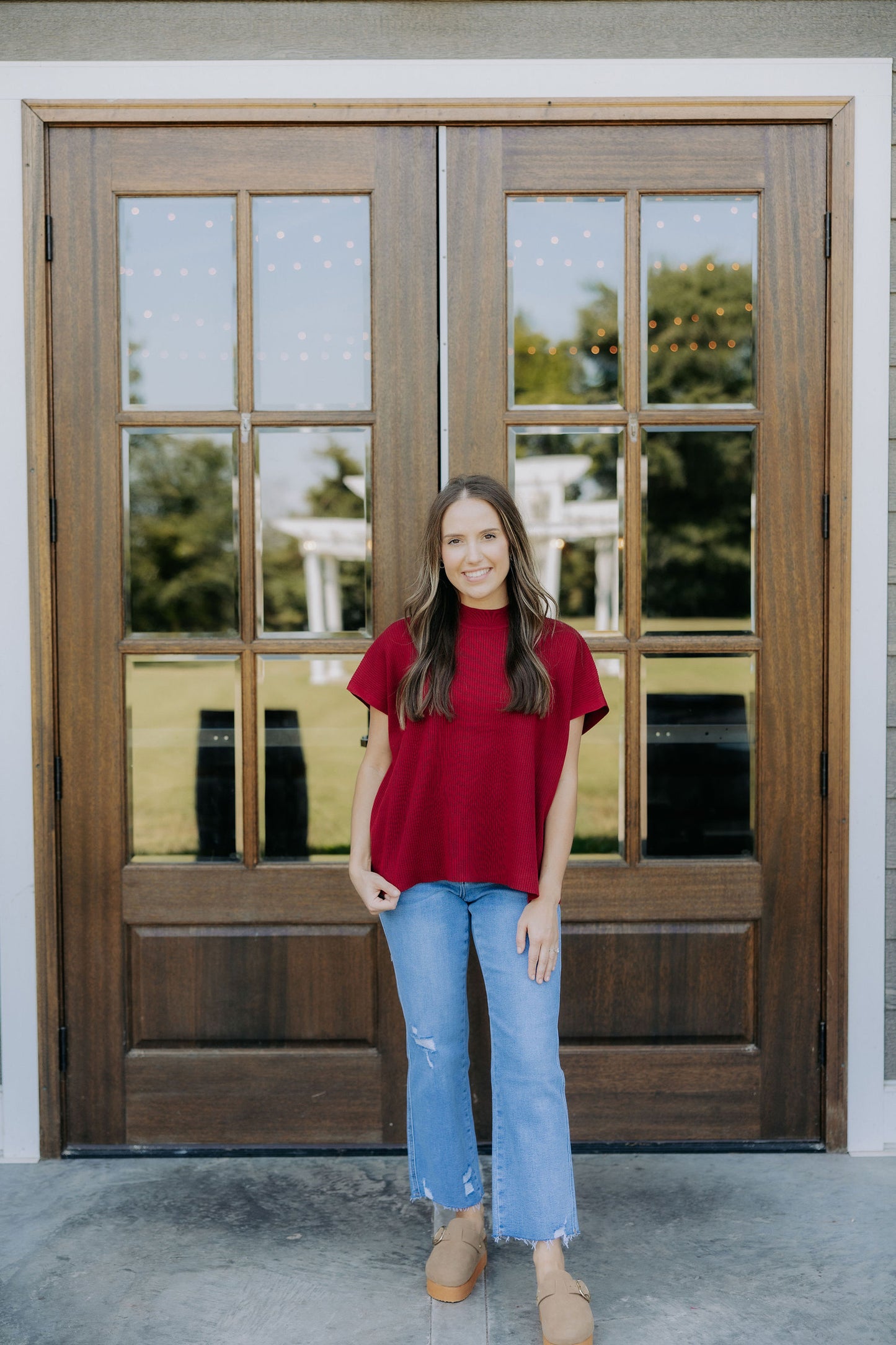 Wine Ribbed Mock Neck Top