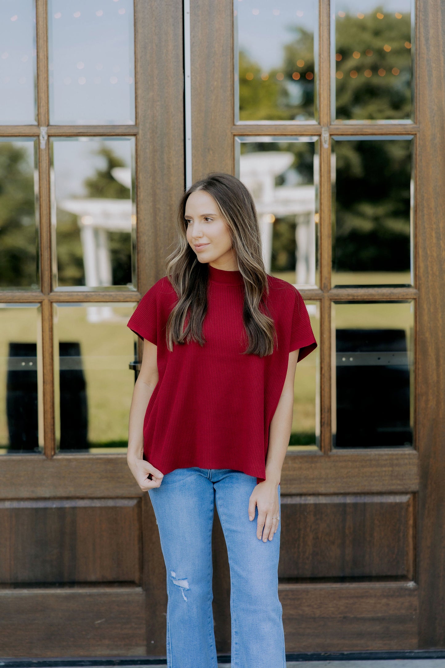 Wine Ribbed Mock Neck Top