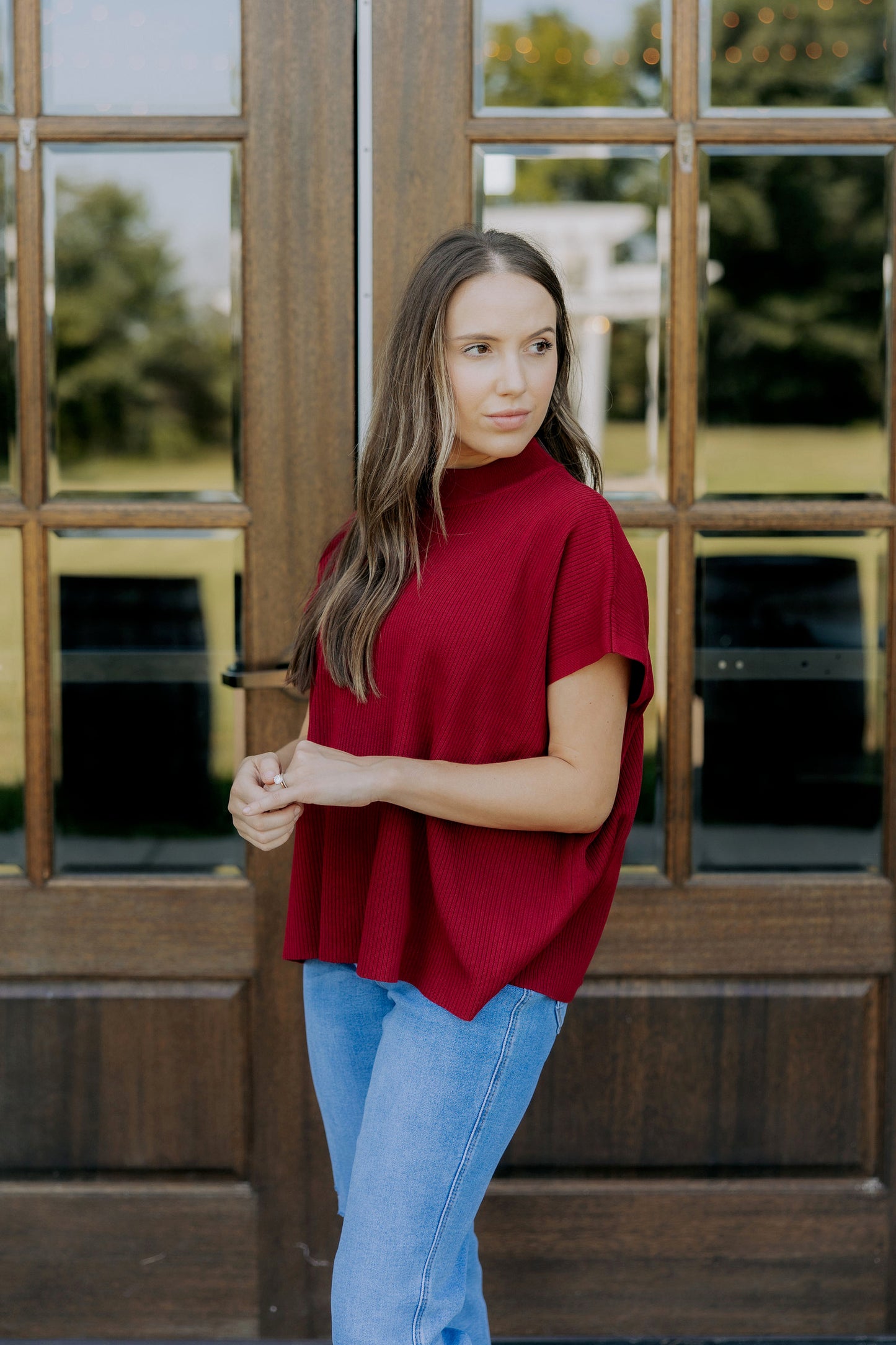 Wine Ribbed Mock Neck Top