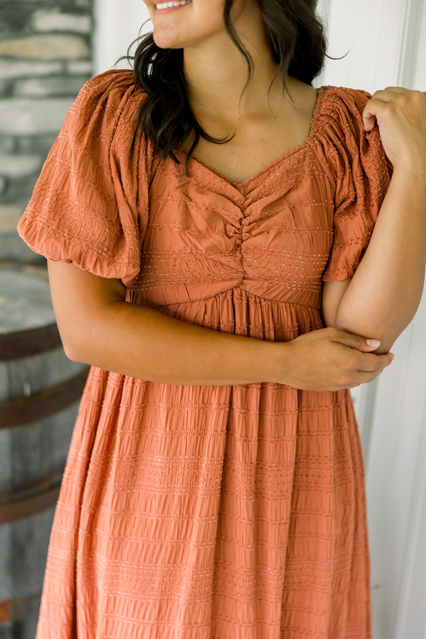 Rust Bubble Sleeve Short Dress