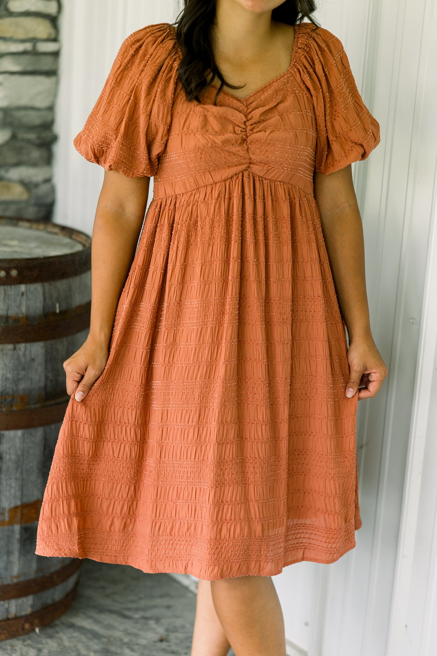 Rust Bubble Sleeve Short Dress