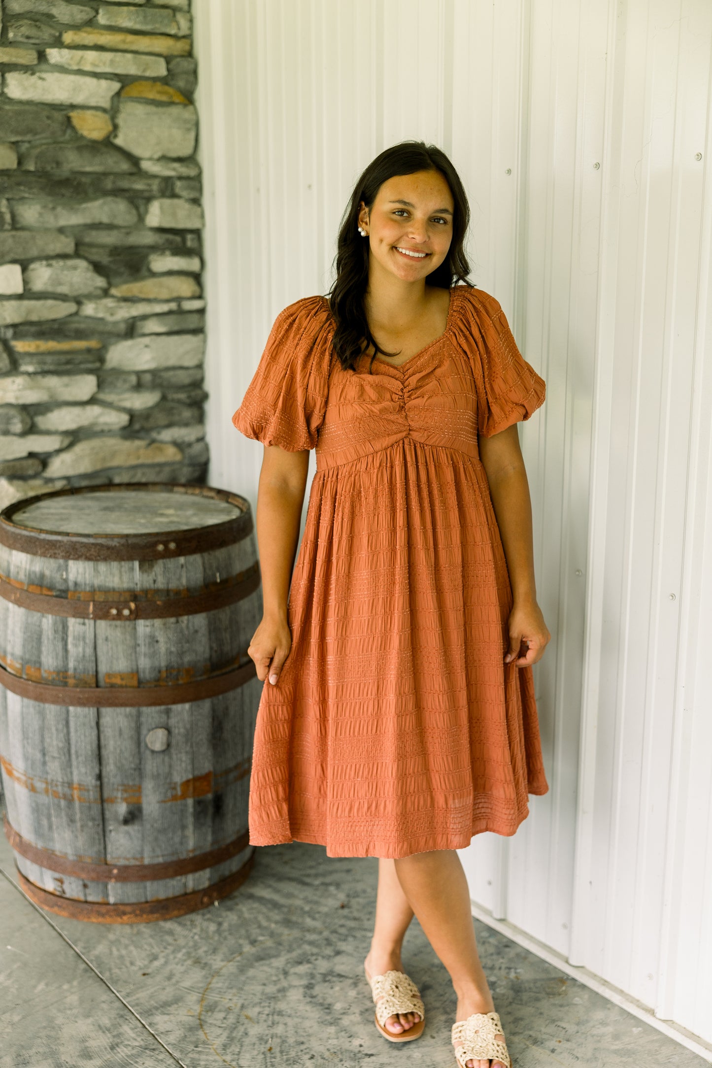Rust Bubble Sleeve Short Dress