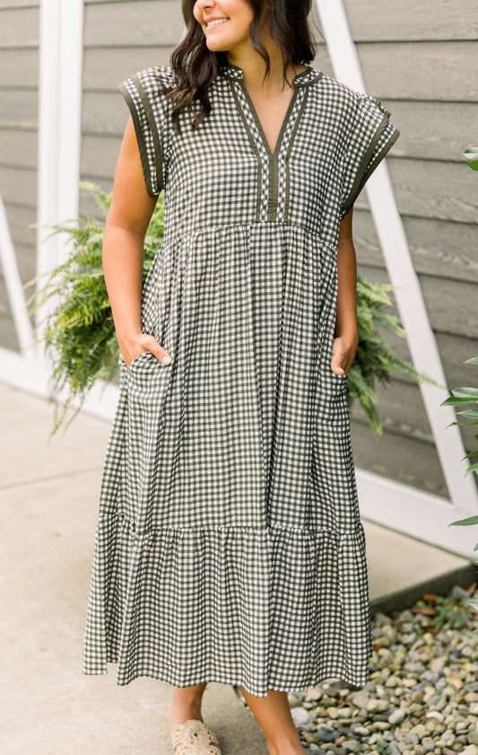 Olive Plaid Midi Dress