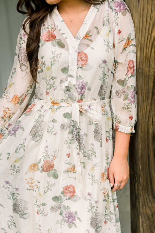 Ivory Rosewood Tie Midi Dress