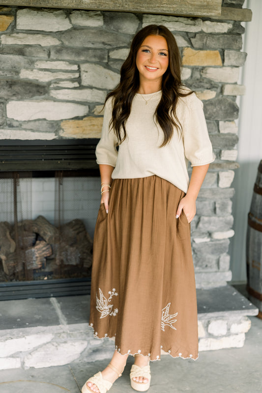 Brown Bird Embroidered Midi Skirt