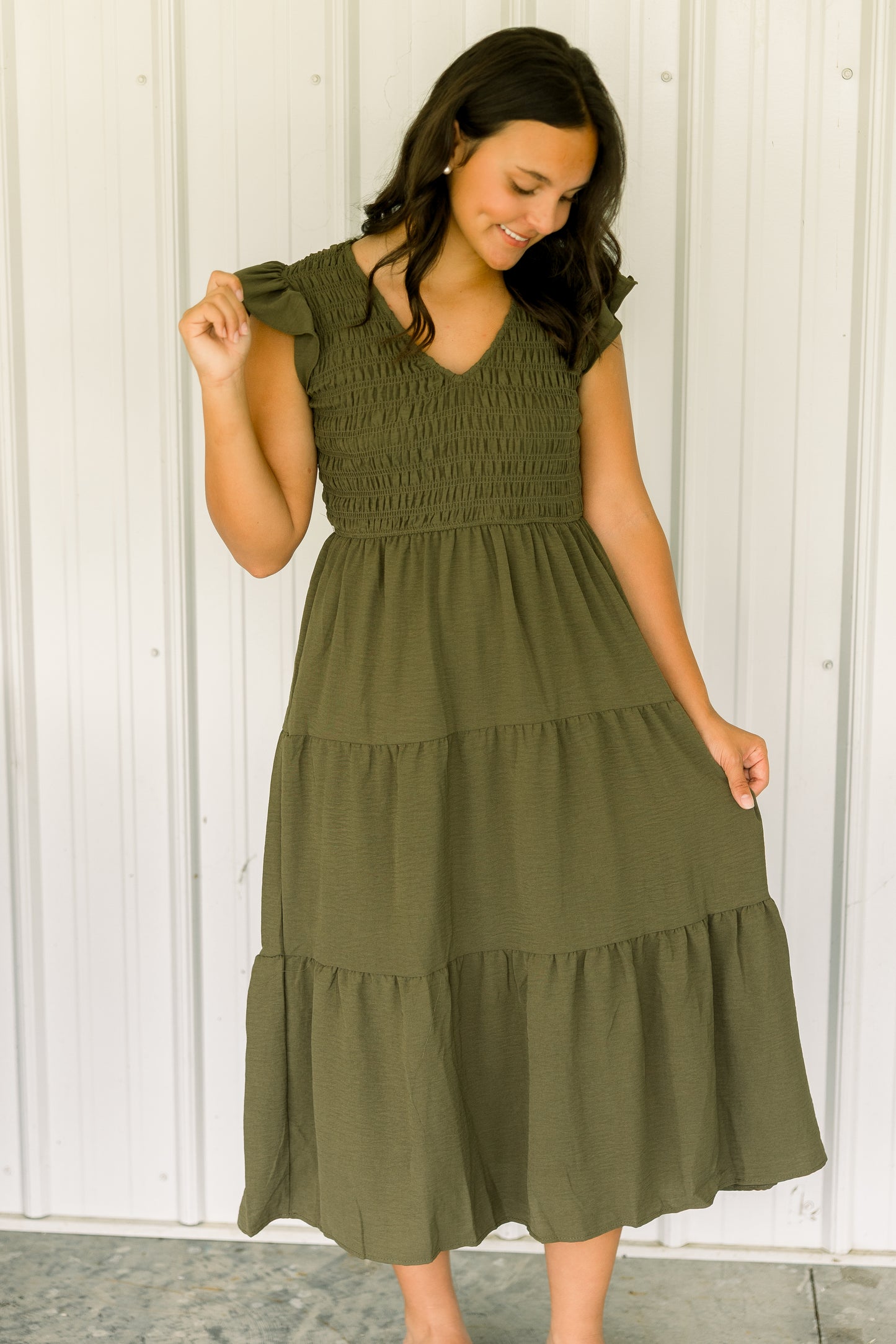 Olive Smocked Midi Dress
