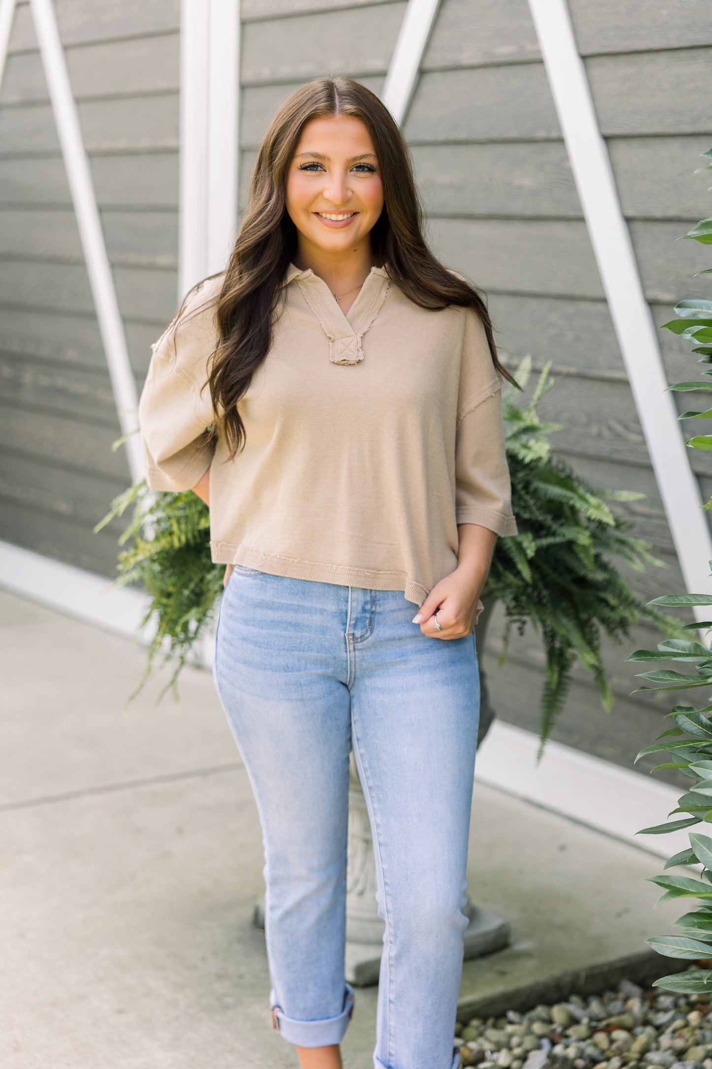 Taupe Knit Collared Top