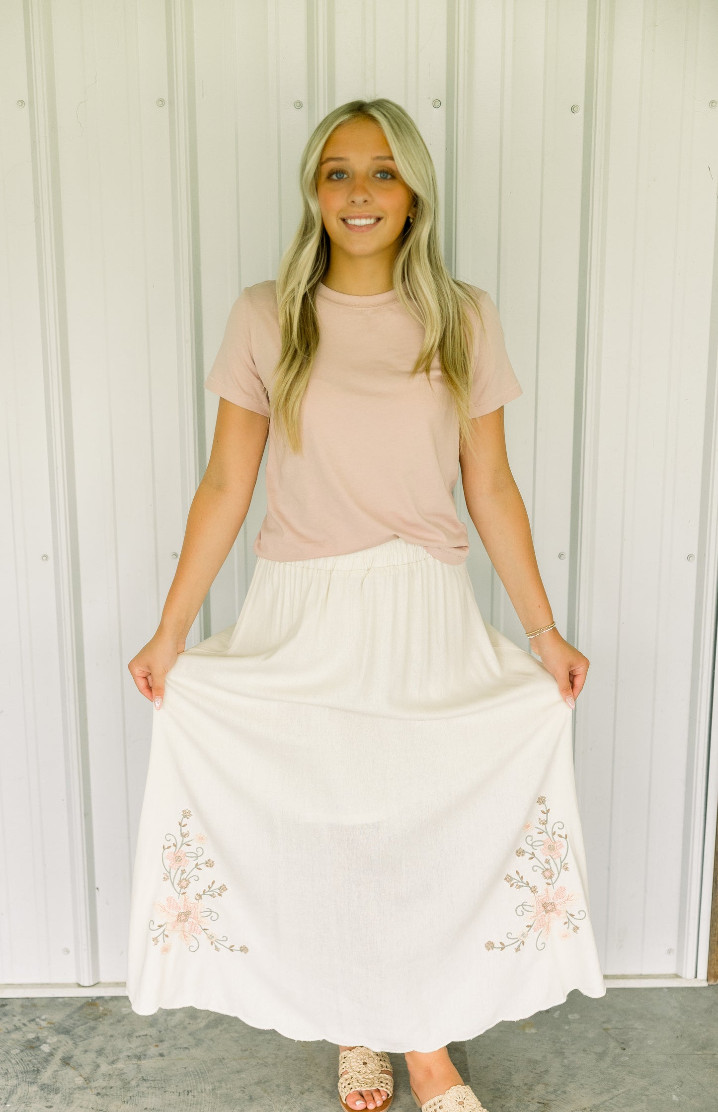 Beige Floral Embroidered Skirt