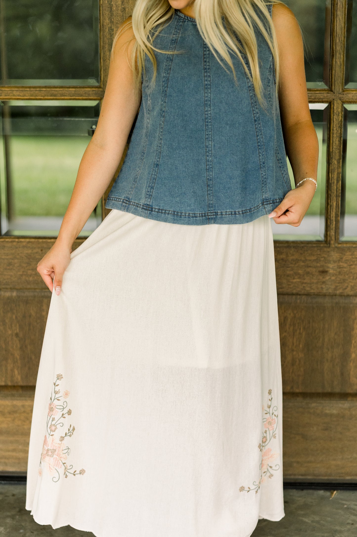 Beige Floral Embroidered Skirt