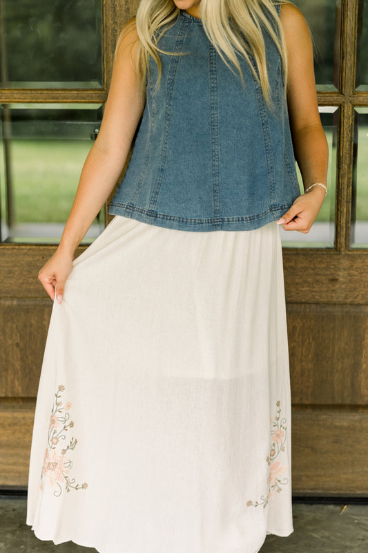 Beige Floral Embroidered Skirt