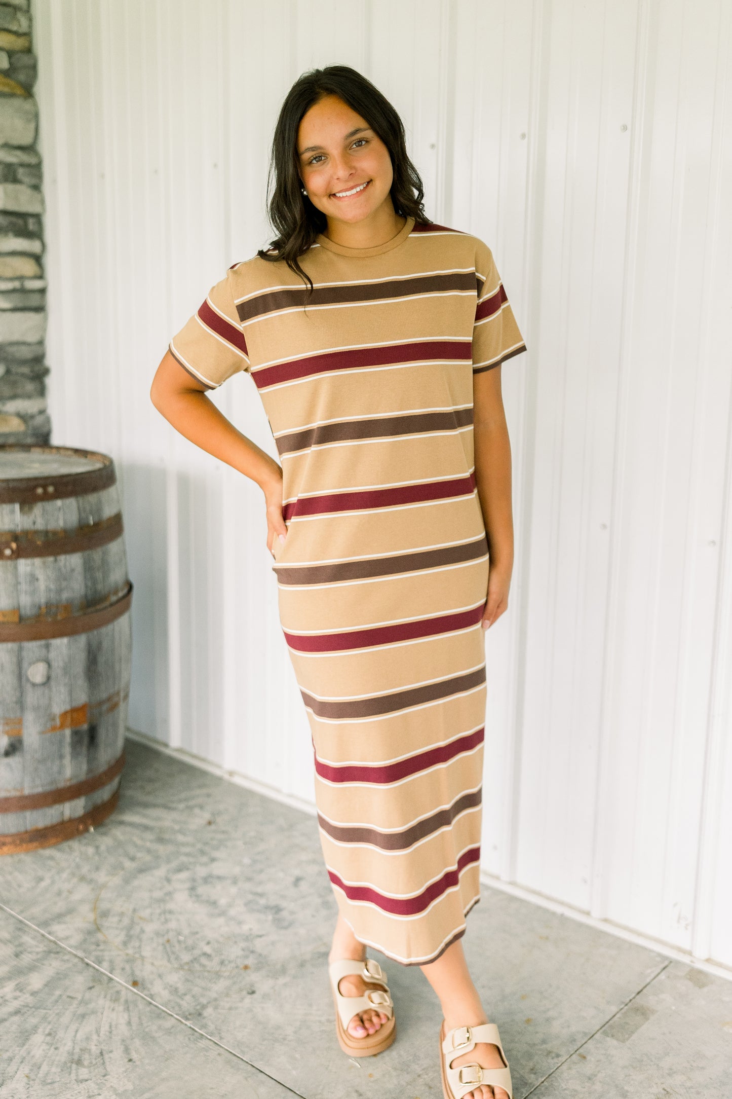 Camel Striped Midi Dress