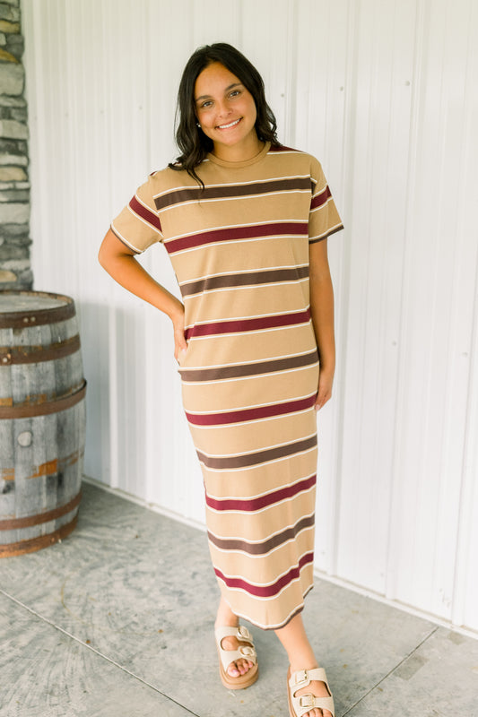 Camel Striped Midi Dress