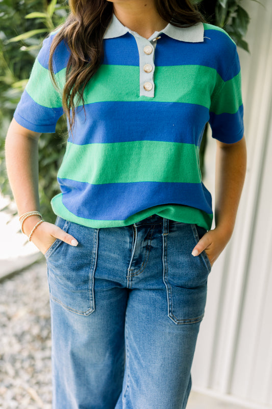 Blue & Green Stripe Henley Top