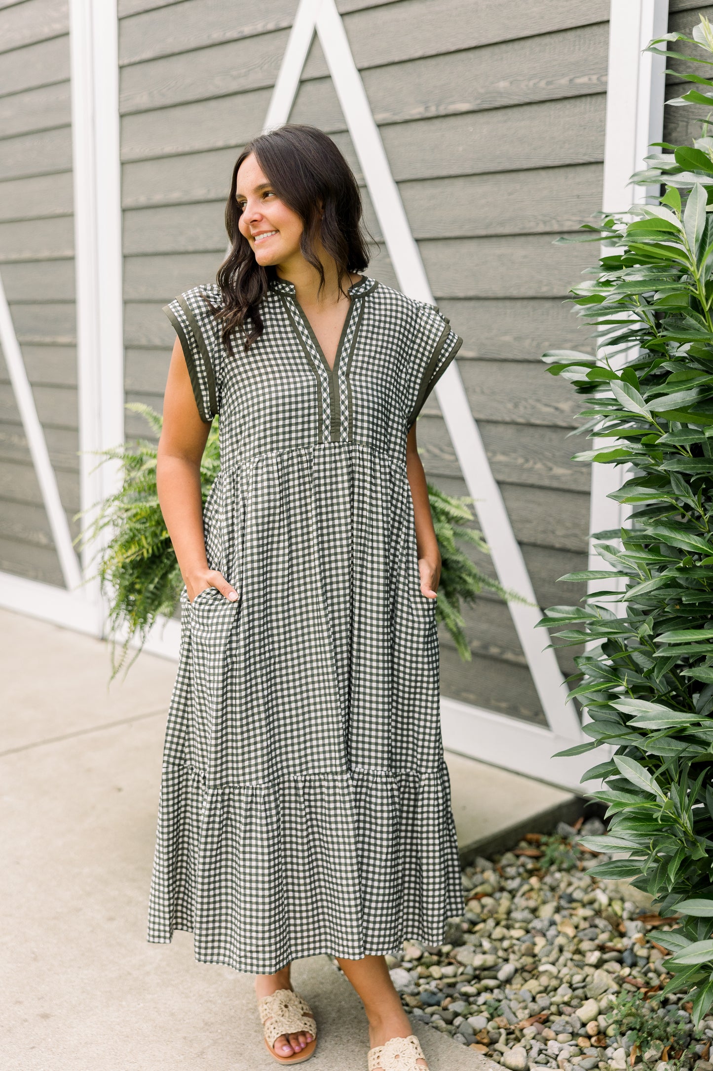 Olive Plaid Midi Dress