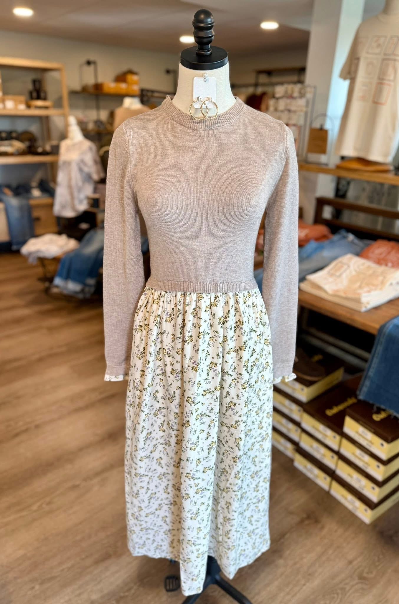 Taupe Floral Mixed Media Dress