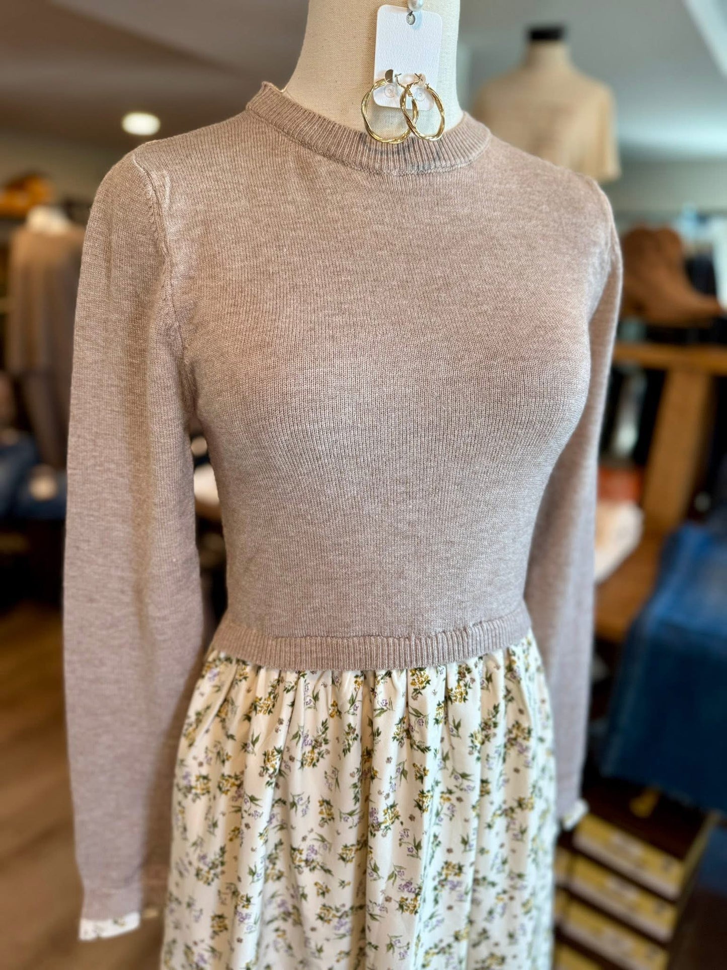 Taupe Floral Mixed Media Dress