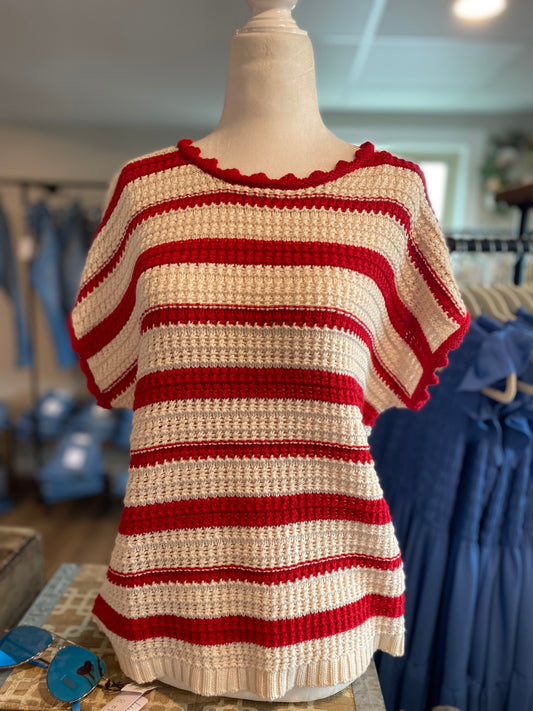 Red Stripe Crochet Sweater Top