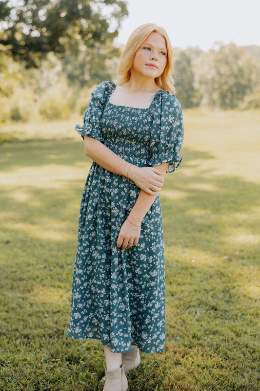 Dark Green Floral Midi dress