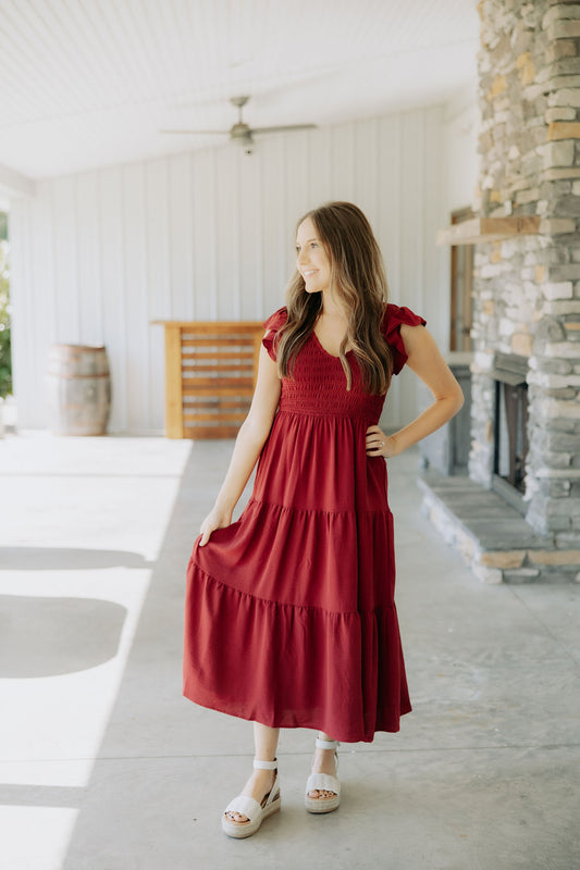 Burgundy Smocked Midi