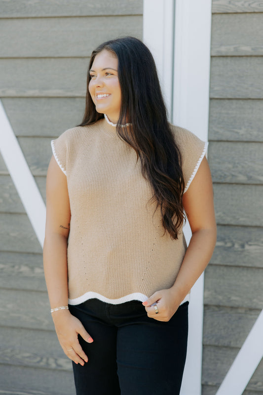 Taupe Scallop Trim Sweater Top