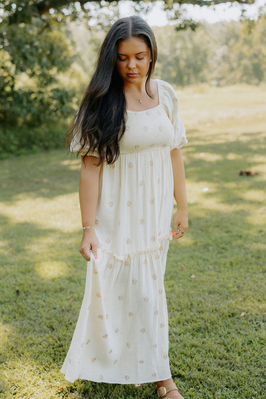 Beige Floral Embroidered Maxi