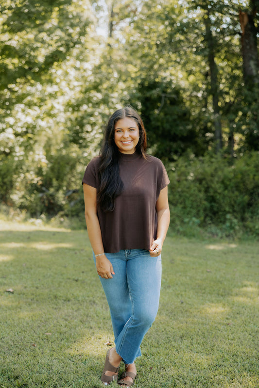 Brown Ribbed Mock Neck Top